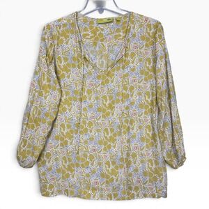 Rock Flower Paper Tunic Top Womens S Yellow Botanical Viscose Boho Tie Neck